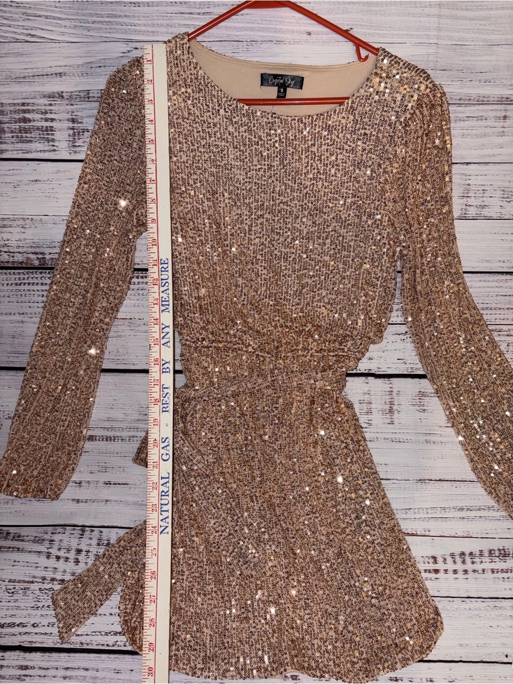 Crystal Sky Women’s Small Rose Gold Sequin Long Sleeve Belted Dress NWT